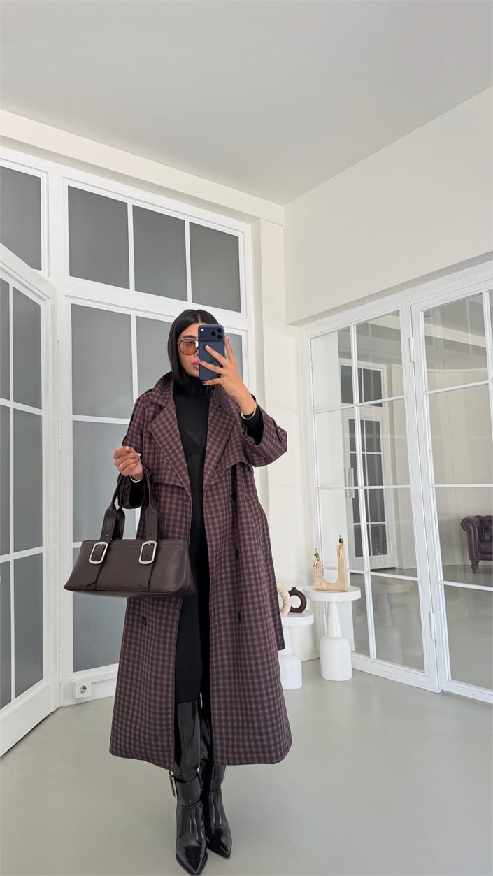 Kahve Ekoseli Apoletli Astarlı Premium Trençkot GAUS-01922