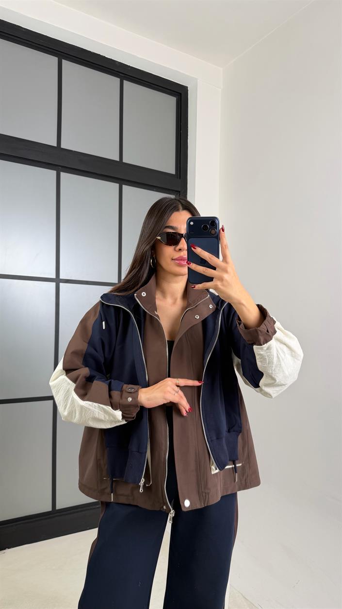 Kahve Garnili Ceket Beli Lastikli Pantolon İkili Tasarım Takım GAUS-00699