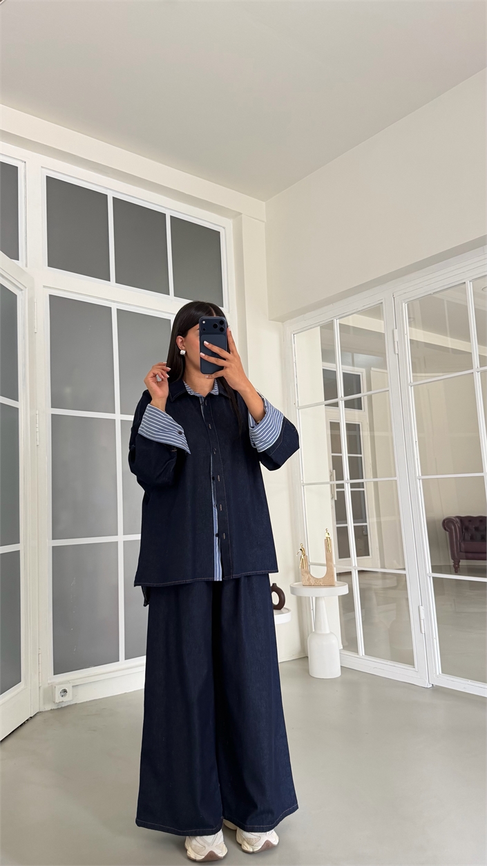 Lacivert Çizgi Detaylı Gömlek Geniş Paça Pantolon İkili Denim Takım GAUS-02041