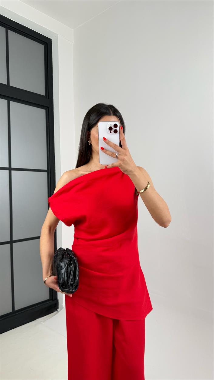 Kırmızı Asimetrik Kesim Bluz Beli Lastikli Pantolon Tasarım Keten Takım Gaus00462