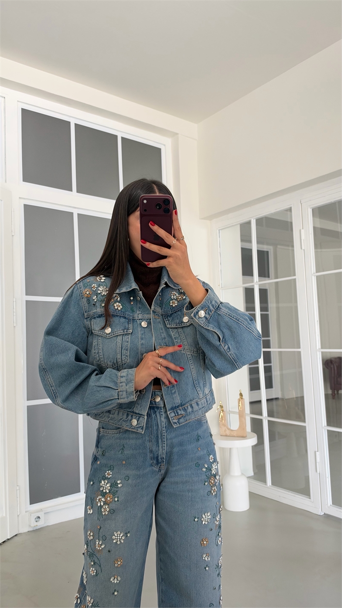 Mavi Taş İşlemeli İkili Denim Takım GAUS-02192
