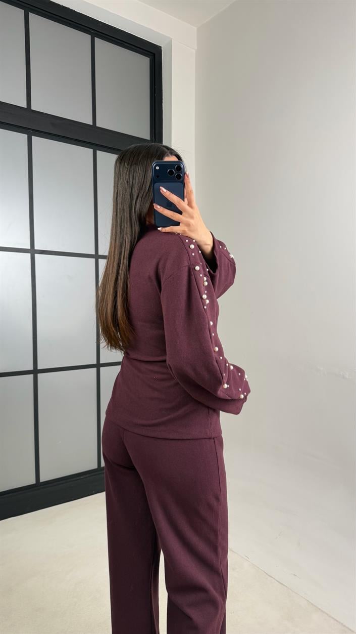Mürdüm İnci İşleme Detaylı Kazak Pantolon Selanik Triko Takım GAUS-01069