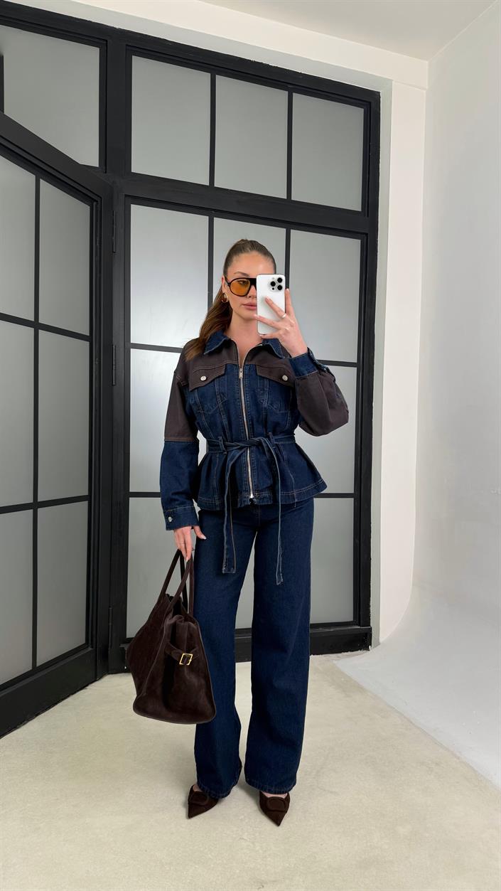 Lacivert Garnili Kuşaklı Ceket Pantolon Denim Takım GAUS-01234