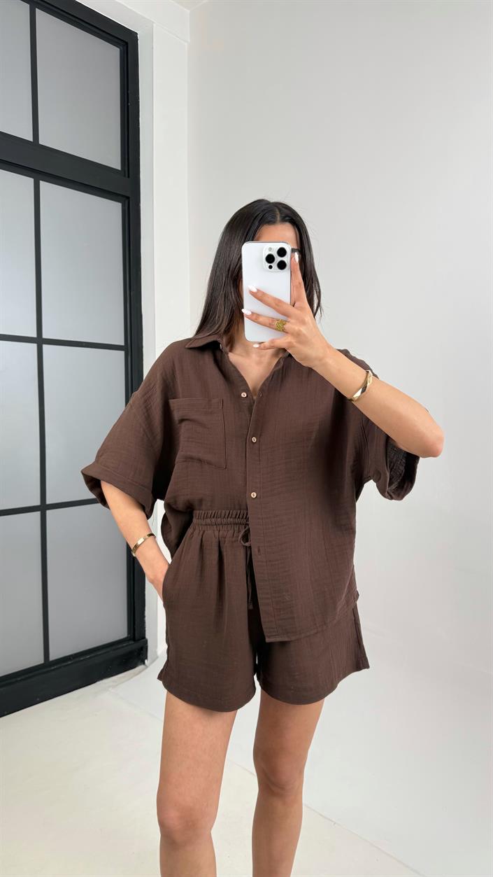 Acı Kahve Cepli Gömlek Beli Lastikli Şort Müslin Takım Gaus00445