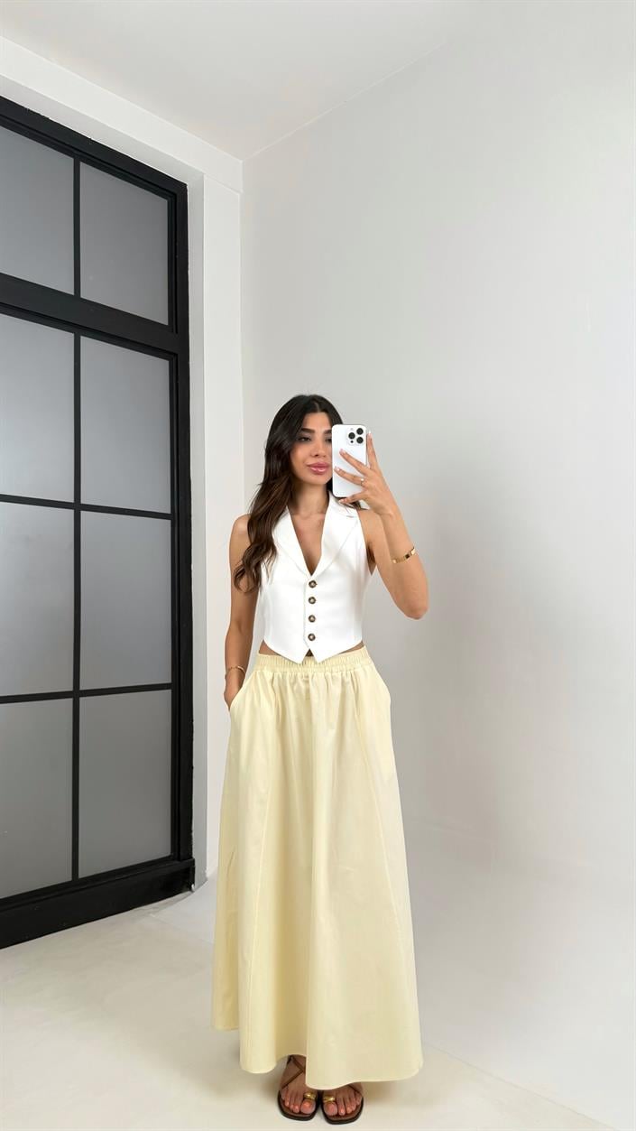 Sarı Beli Lastikli Cepli Poplin Etek Gaus00485