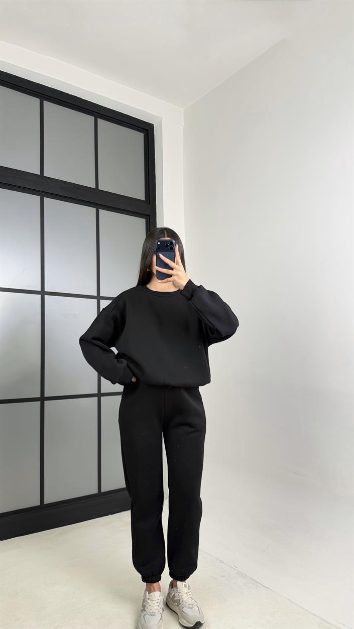 Siyah 3 İplik Şardonlu ZR Model Sweatshirt Eşofman Takım GAUS-00809