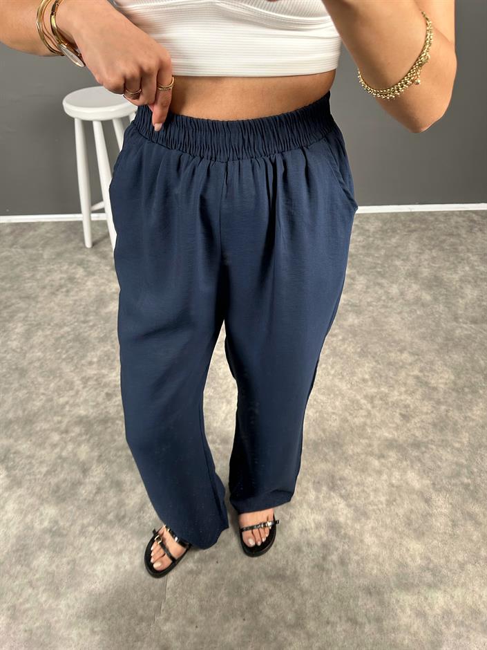 Allda Lacivert İthal Kumaş Beli Lastikli Pantolon