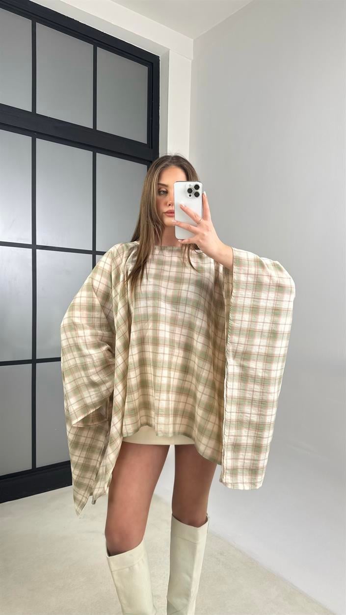 Yeşil Ekose Desenli Şal Detaylı Pelerin Panço GAUS-01153