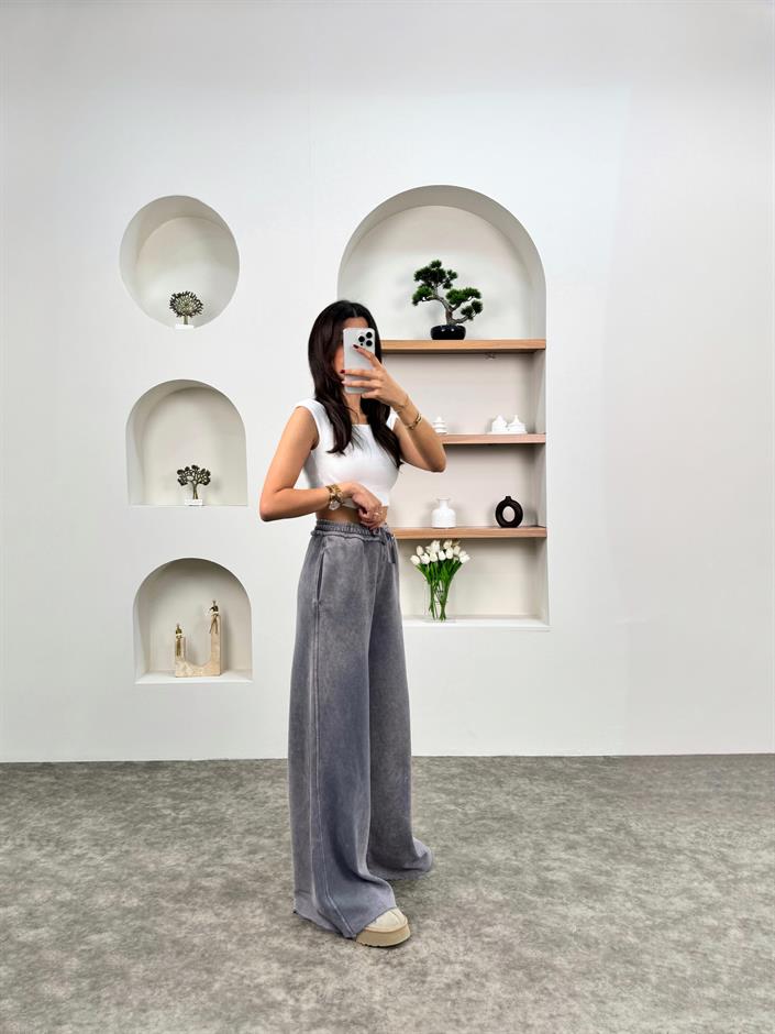 ZR Eskitme Gri Beli Lastikli Eşofman Altı