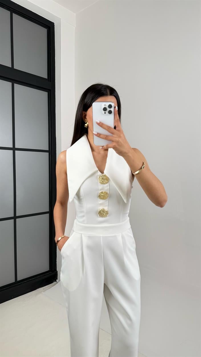 Beyaz Yaka Detaylı Gold Düğmeli Cepli Tasarım Tulum Gaus00452