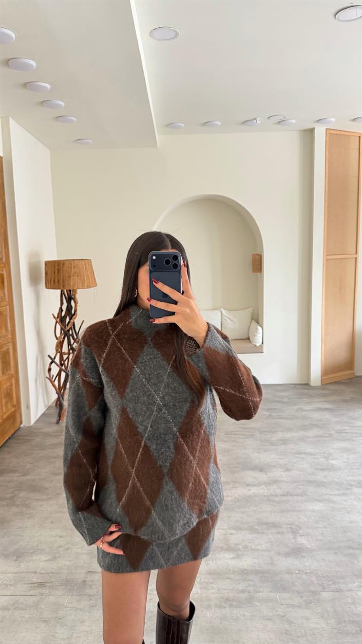 Antrasit Baklava Desenli Kazak Etek Muadil Triko Takım GAUS-00778