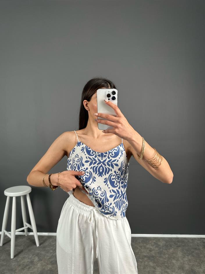 Mavi Keten Askılı Crop 