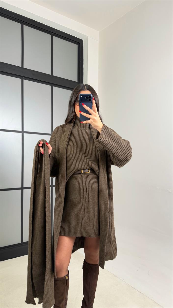 Kahve Şal Detaylı Hırka Kazak Beli Lastikli Etek Triko Takım GAUS-01039