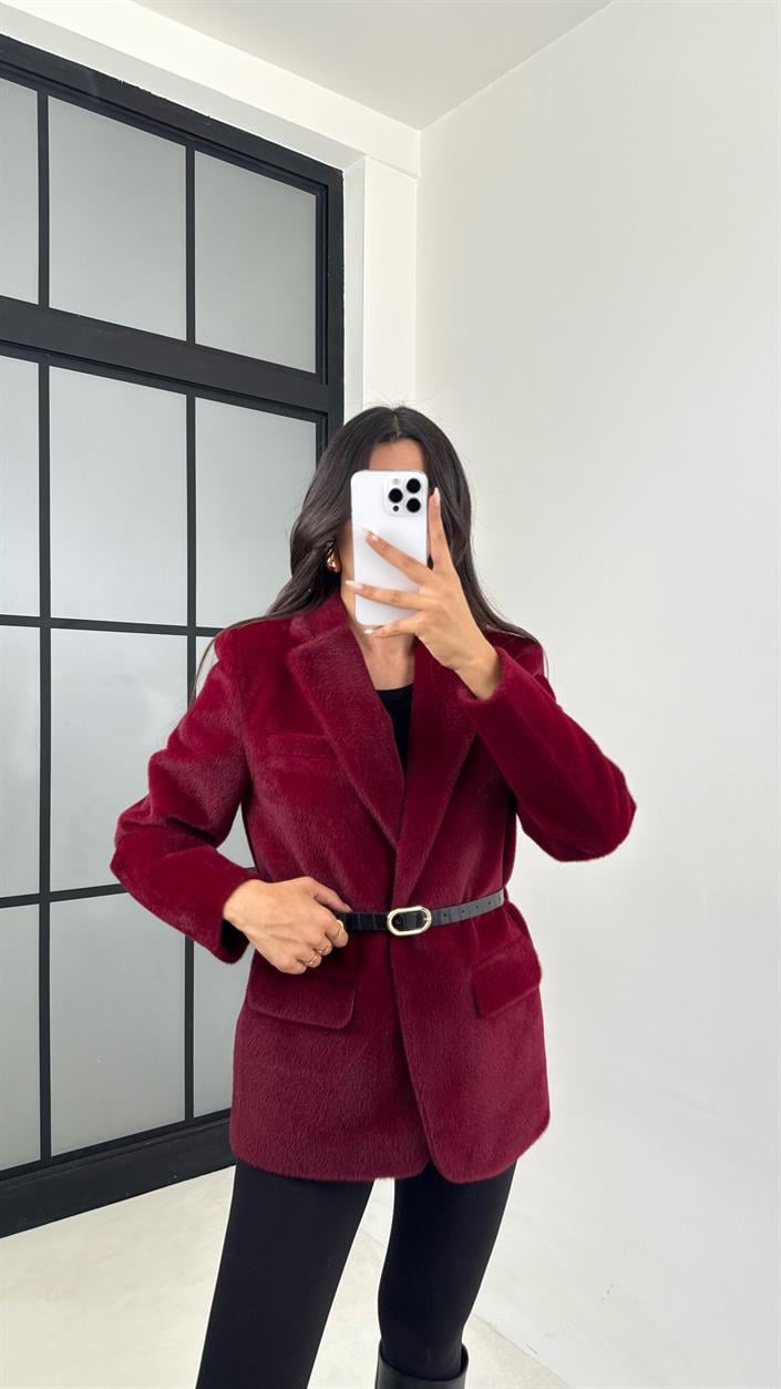 Bordo Astarlı Kemerli Peluş Tüylü Ceket GAUS-00131