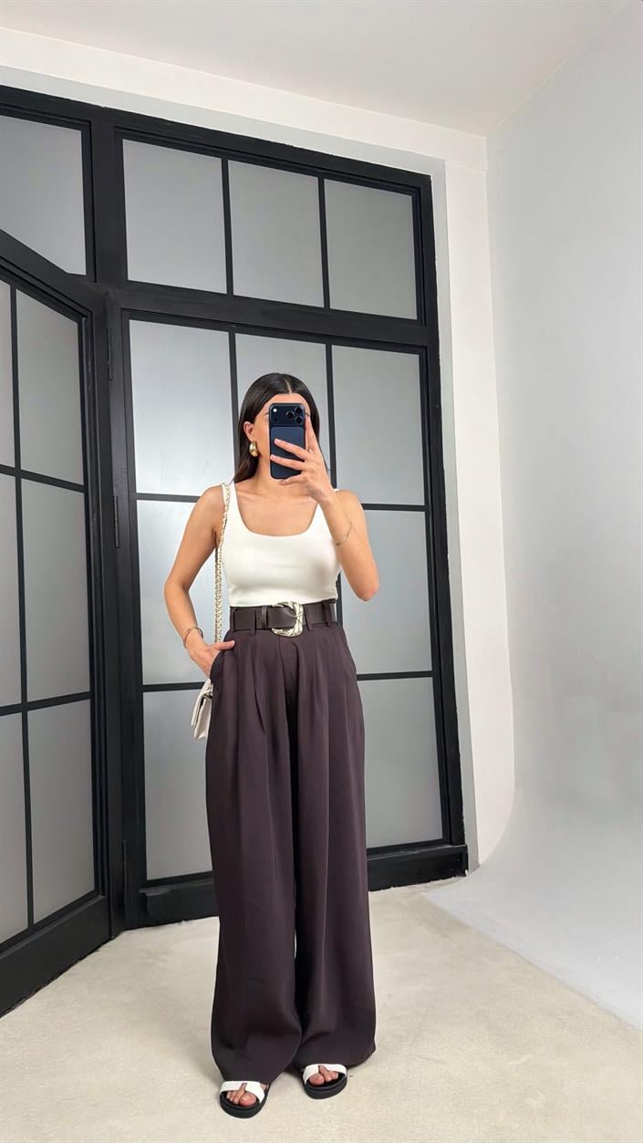 Kahve Kemerli Geniş Paça Pantolon GAUS-01339