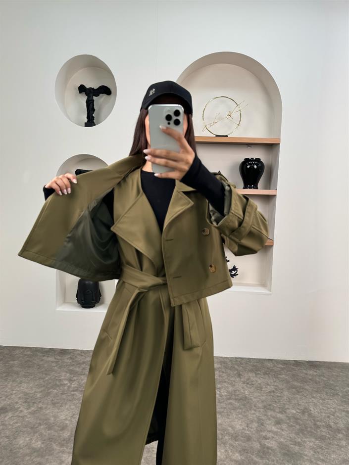 Espe Haki Premium Astarlı İkili Sihirli Trençkot