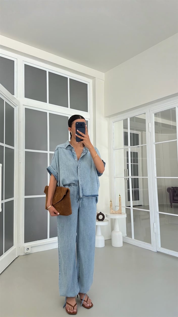 Mavi Gömlek Ayarlanabilir Pantolon İkili Tencel Denim Takım GAUS-01771