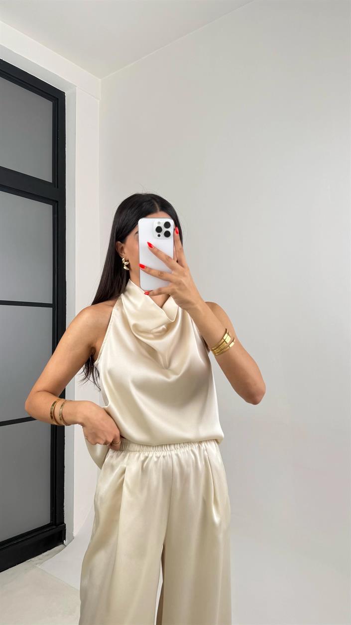 Taş Degaje Yaka Bluz Beli Lastikli Pantolon Saten Takım GAUS-01222