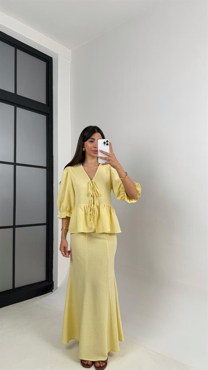 Sarı Önden Bağlama Detaylı Balon Kol Bluz Etek İkili Pinterest Keten Takım Gaus00570 