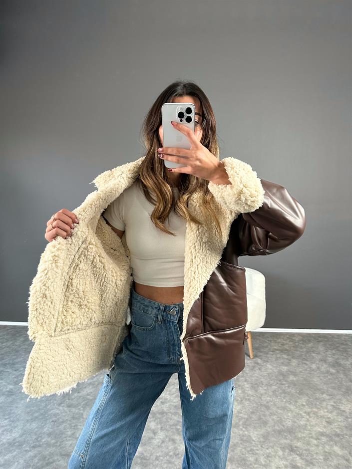 Kahverengi Kapüşonlu Deri İçi Kürklü Kapüşonlu Mont