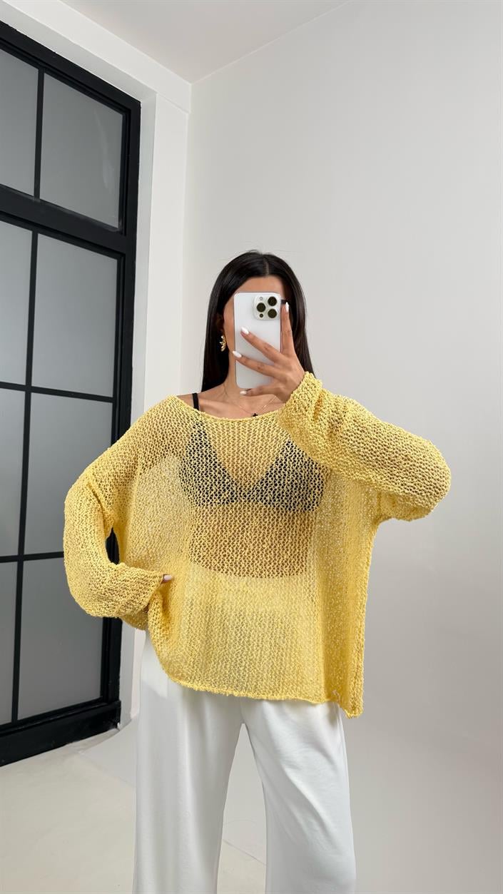 Sarı Ajurlu Triko Bluz Gaus00372