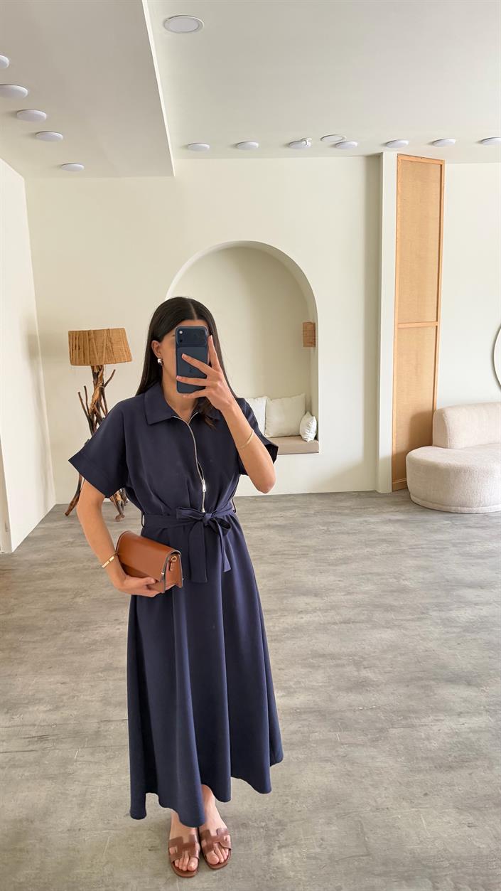 Lacivert Polo Yaka Kuşaklı Tencel Kumaş Elbise GAUS-01429