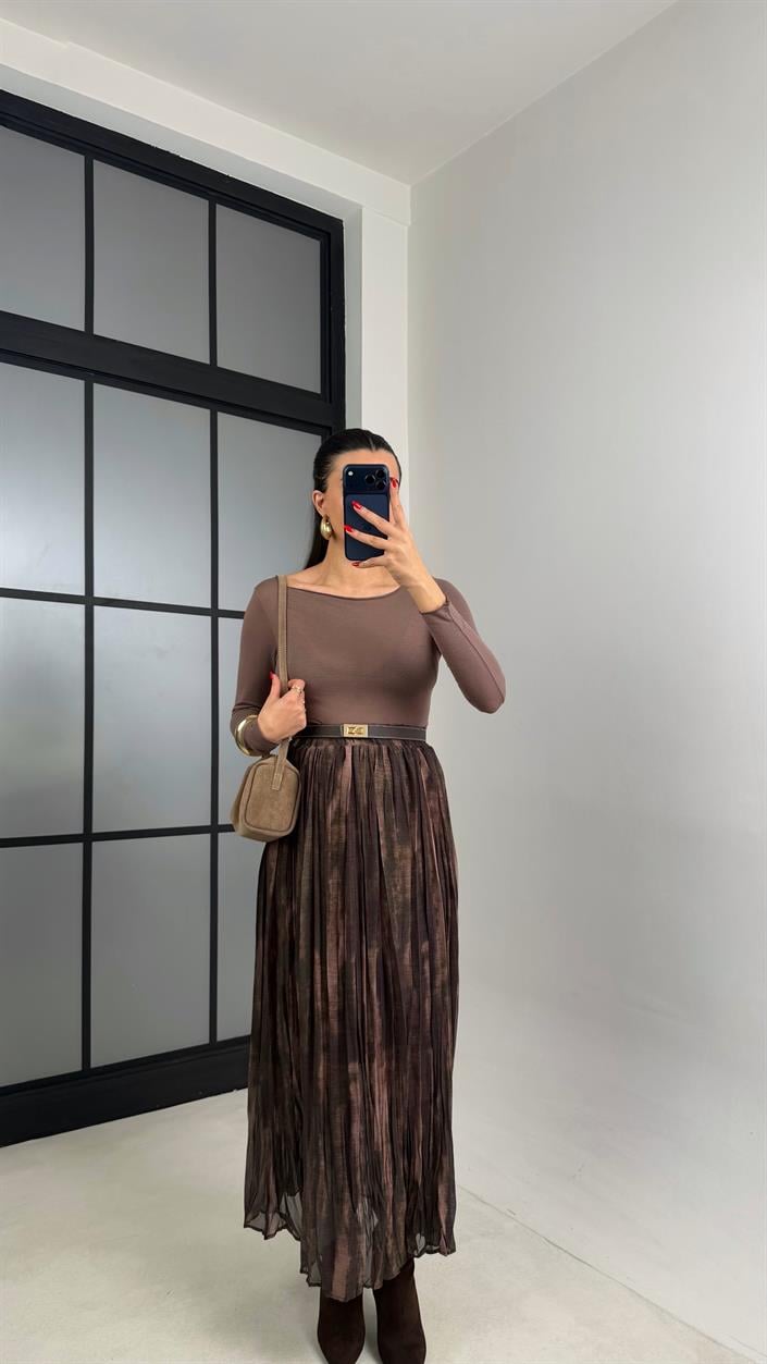 Yeşil Desenli Beli Lastikli Yarım Astarlı Şifon Etek GAUS-00923