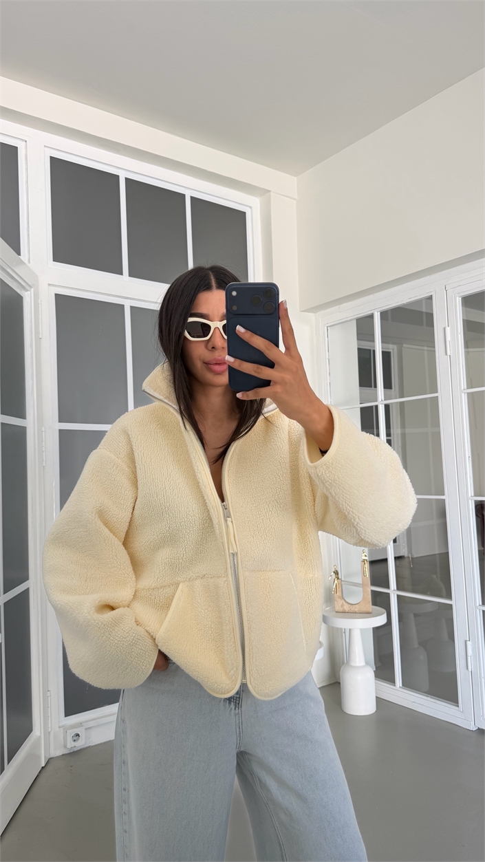 Krem Fermuarlı Cepli Polar Sweatshirt GAUS-02031
