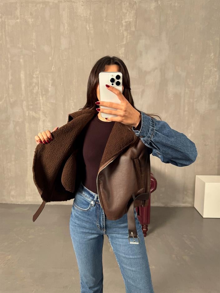 Lordy Kahve Kol Denim Detaylı İçi Kürklü Kemerli Biker Mont