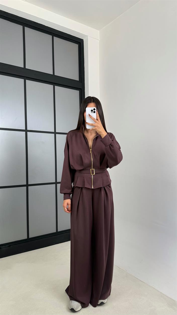 Acı Kahve Kemer Detaylı Hırka Beli Lastikli Geniş Paça Pantolon Modal Takım GAUS-00188