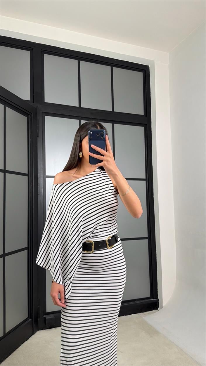 Beyaz Çizgili Tek Omuz Yarasa Kol Premium Elbise GAUS-01430