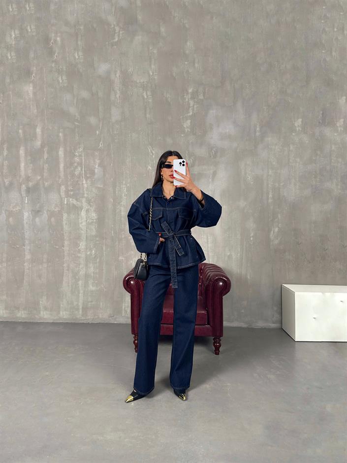 Vanola Lacivert Belden Kuşaklı Tasarım Premium Denim Takım 