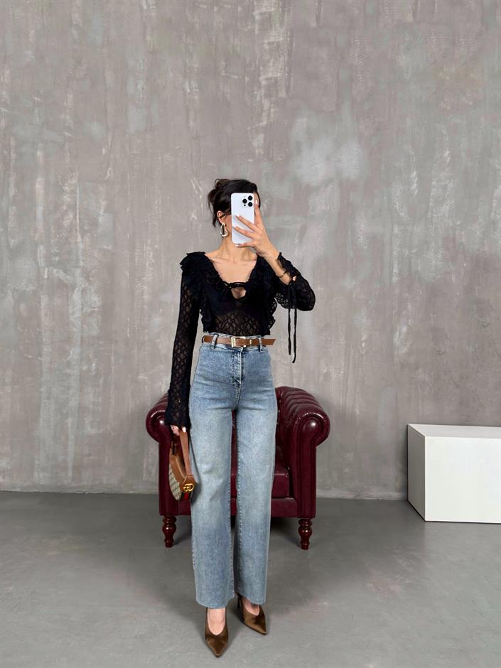 Açık Mavi Kesik Paça Kemerli Jean Gaus00049