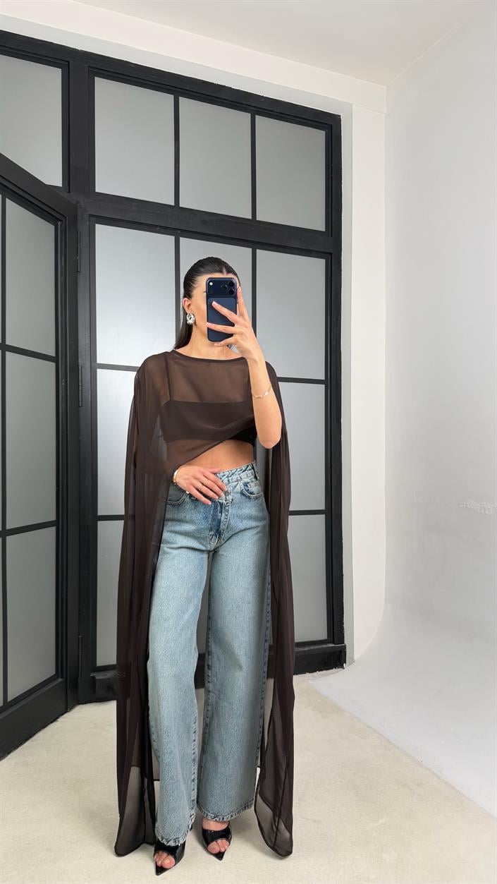 Acı Kahve Şifon Maxi Boy Pelerin GAUS-01457
