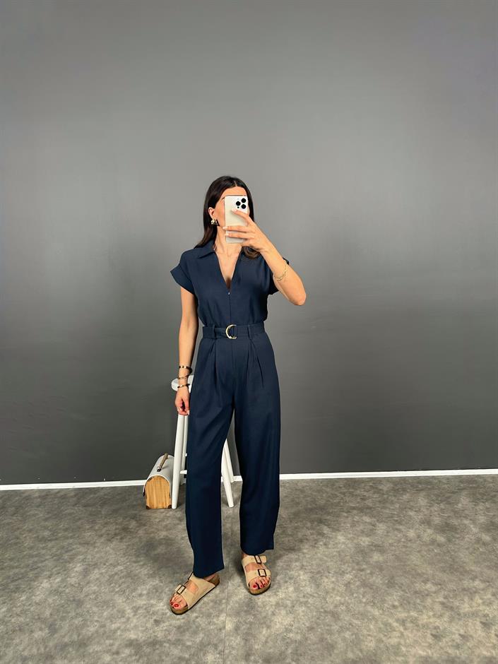 Tatissi Lacivert Kemer Bağlamalı V Yaka Keten Tulum