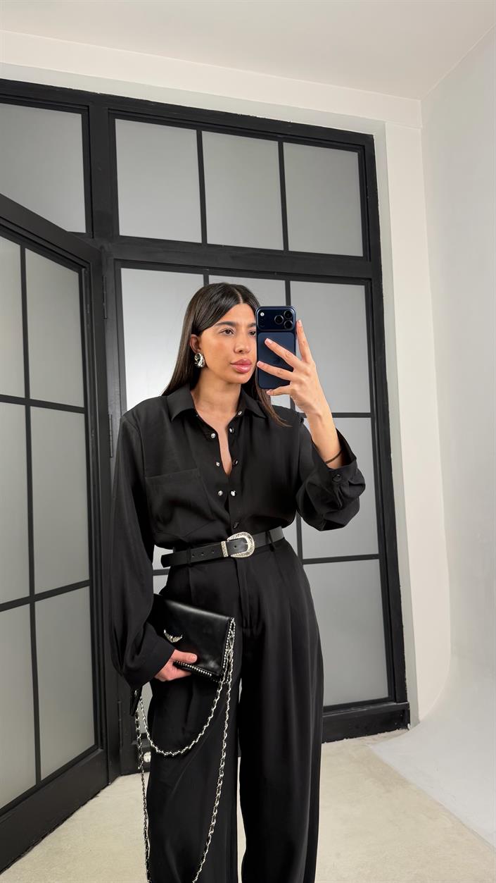 Siyah Vatkalı Gömlek Kemerli Pantolon İkili Tencel Takım GAUS-01319