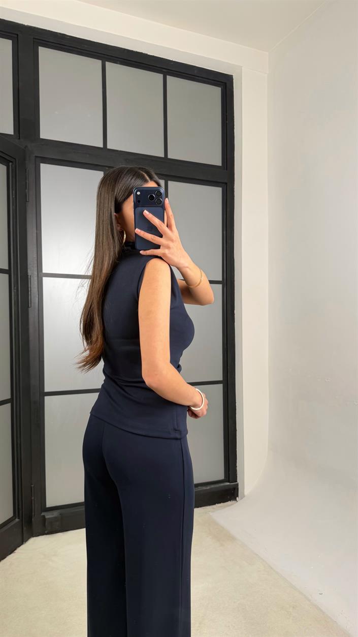 Lacivert Sıfır Kol Bluz Beli Lastikli Pantolon Modal Takım GAUS-01348