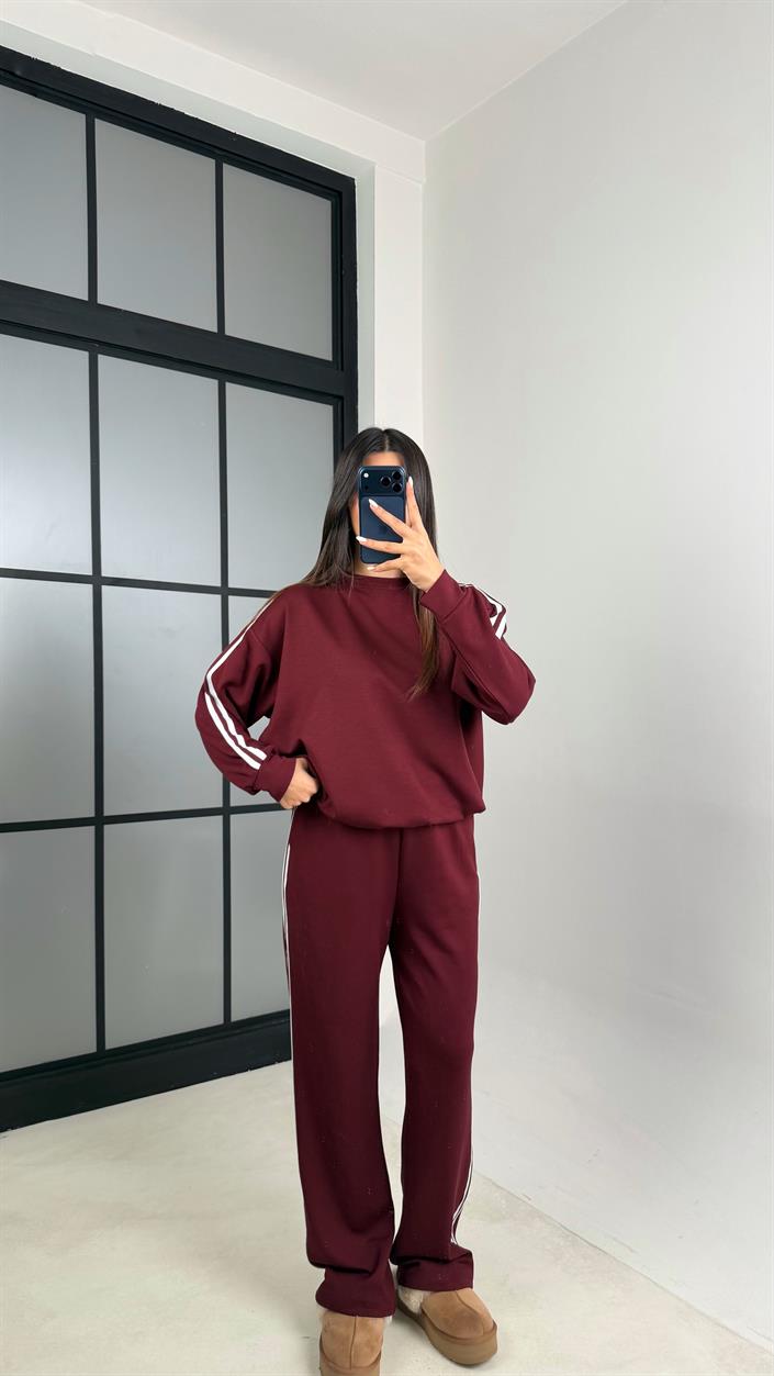 Bordo Şerit Detaylı Sweatshirt Beli Lastikli Eşofman İkili Modal Takım GAUS-00621