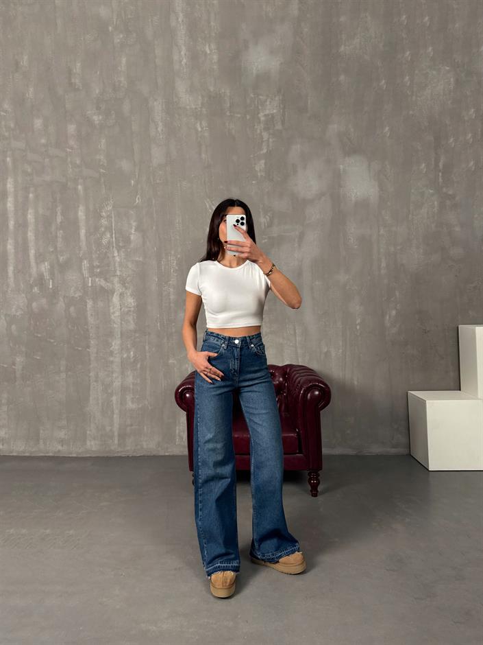 Chest Orta Mavi Paça Detaylı Wide Leg Jean
