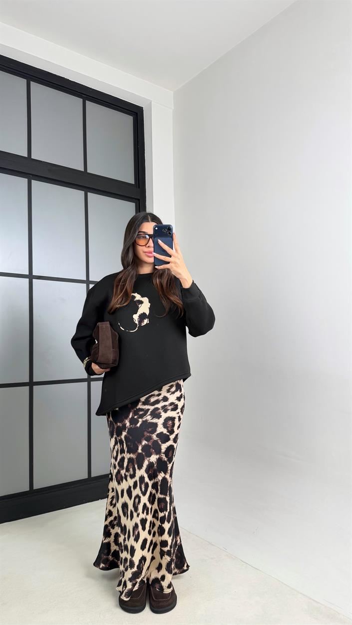 Siyah Ekru Leopar Desenli Bluz Etek İkili Saten Takım GAUS-00903