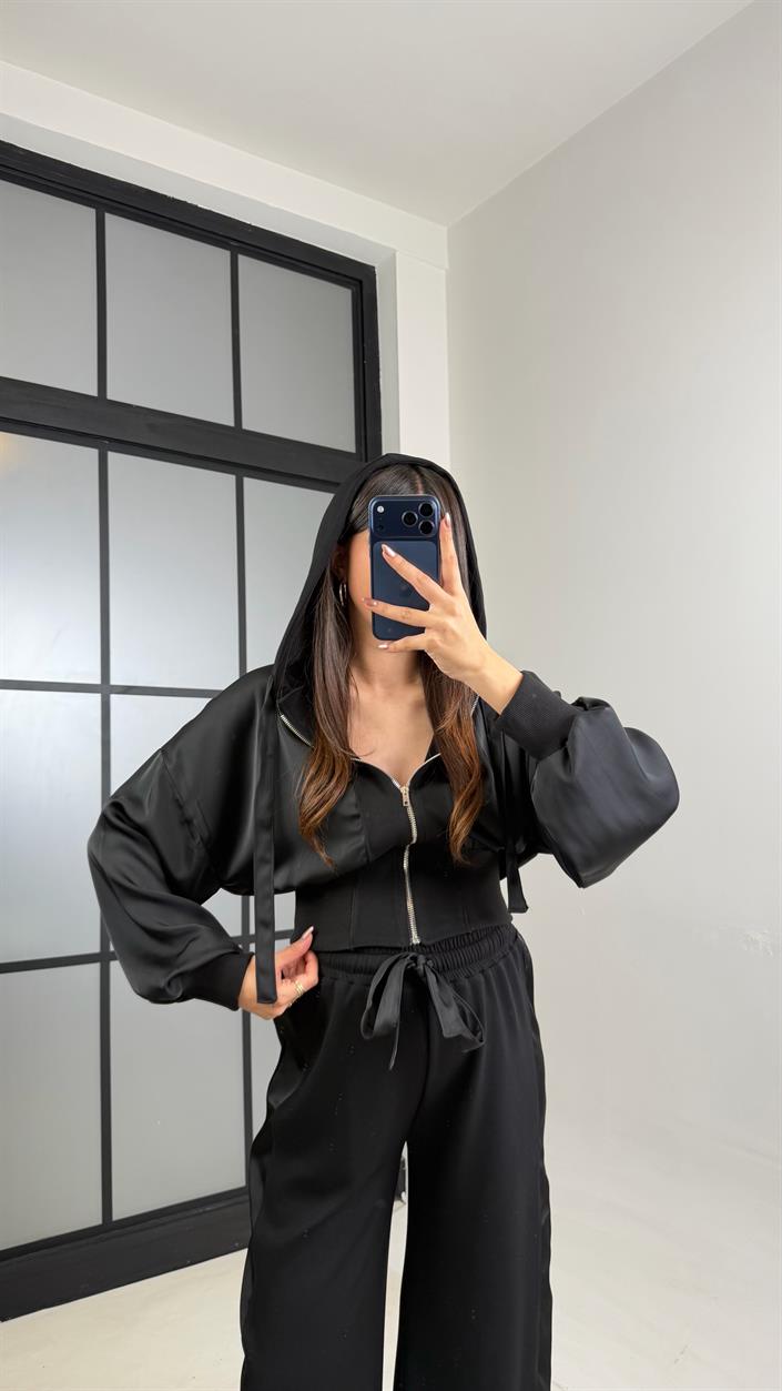 Siyah Saten Detaylı Hırka Beli Lastikli Pantolon Tasarım Takım GAUS-01096
