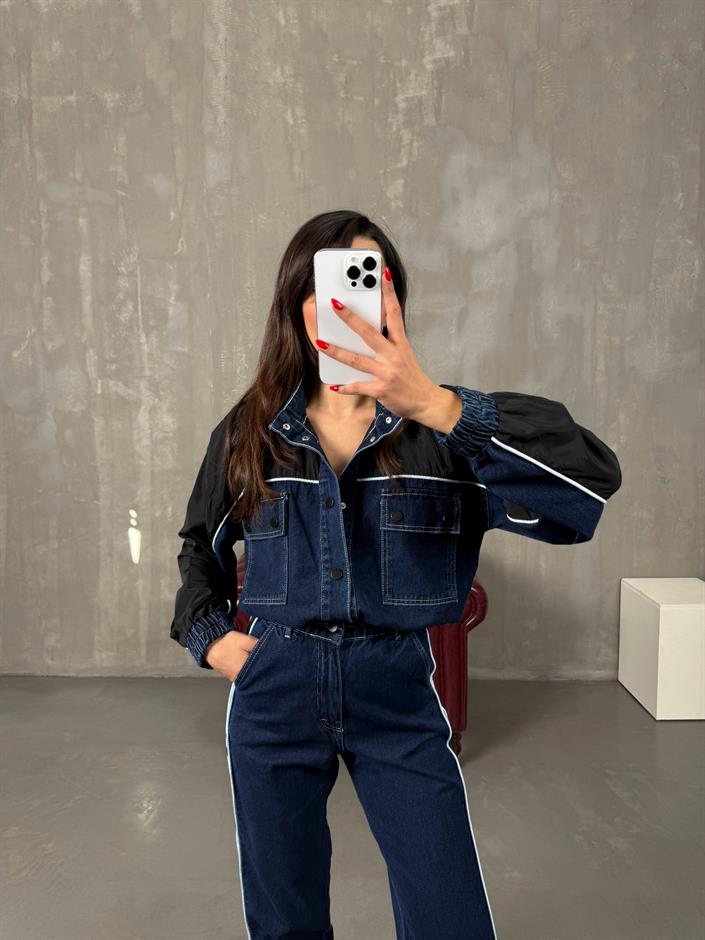 Lotus Koyu Mavi Beli Lastikli Garnili Denim Takım