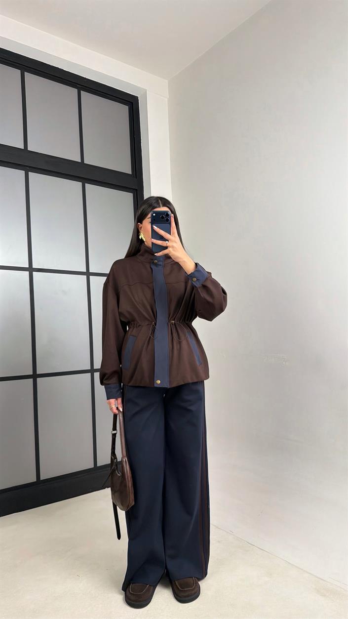 Lacivert Beli Lastikli Ceket Pantolon Paraşüt Kumaş Detaylı Modal Takım GAUS-01076