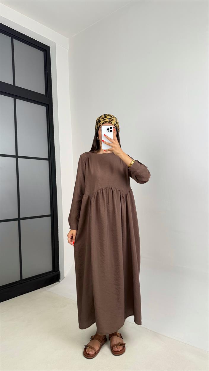 Kahve Altı Balon Uzun Kol Cep Detaylı Tencel Pinterest Elbise GAUS-0025