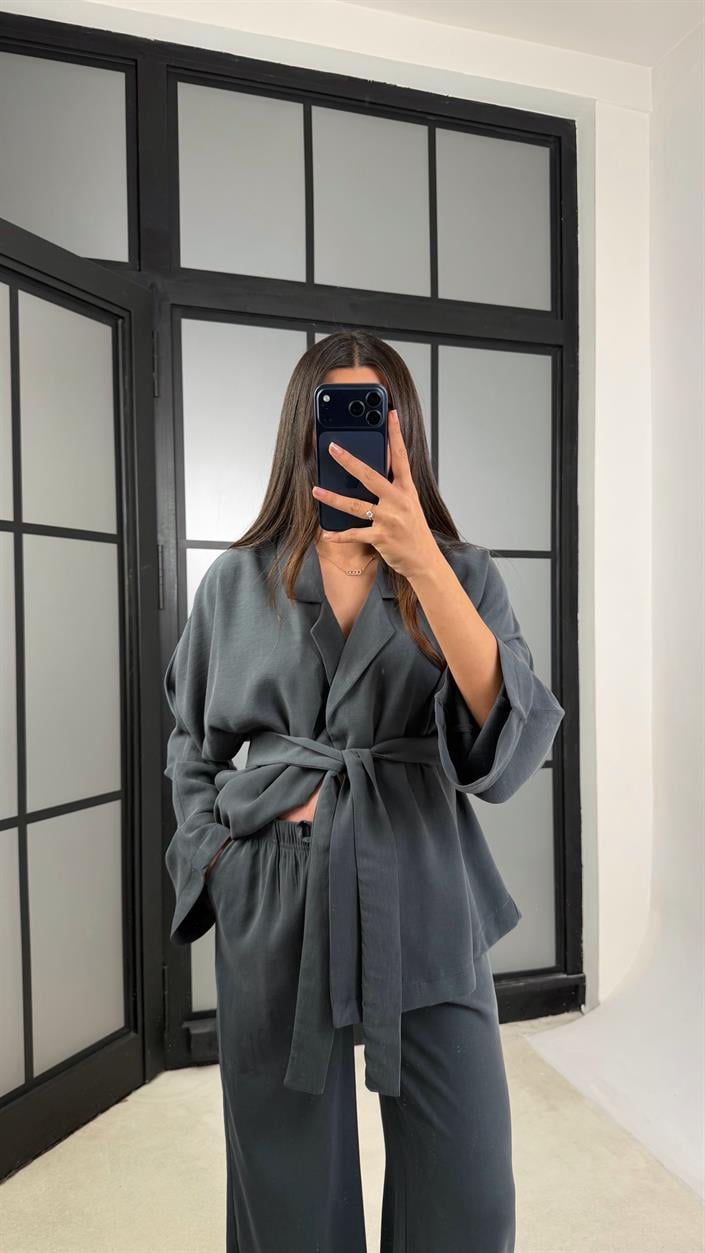 Antrasit Kuşaklı Ceket Beli Lastikli Pantolon Tencel Takım GAUS-01128