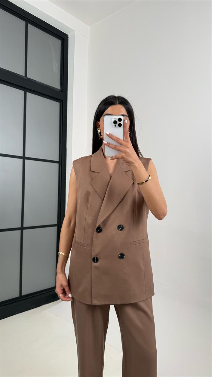 Kahve Önü Düğmeli Astarlı Yelek Beli Lastikli Pantolon Tencel Premium Takım Gaus00366