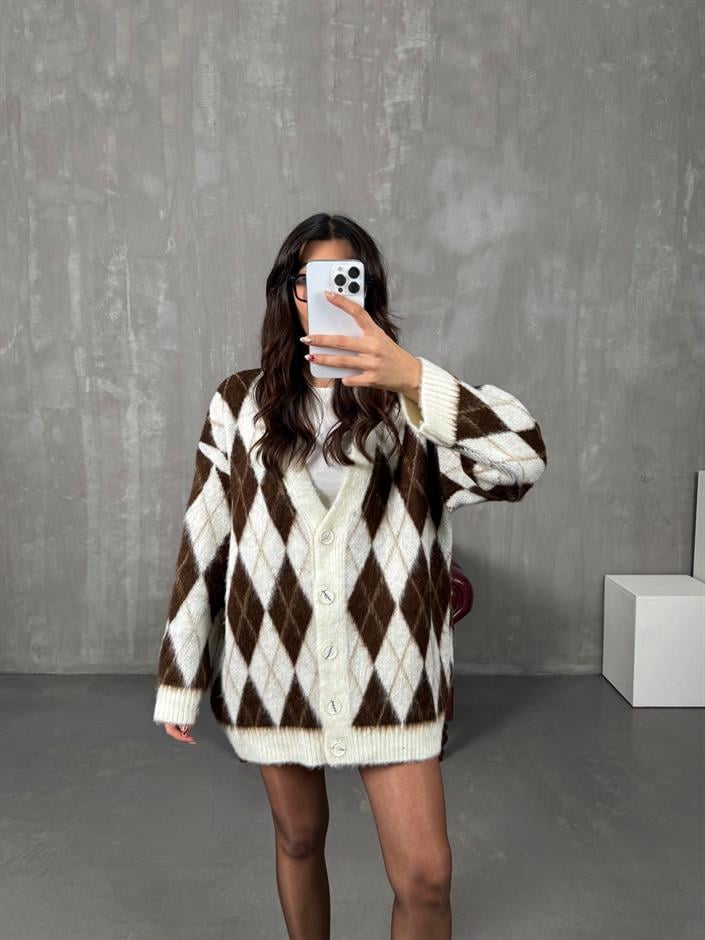 Metu Krem Kahve Baklava Desenli Sakallı Hırka