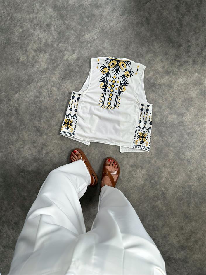 Wave Sarı Siyah Nakış İşlemeli Astarlı Beyaz Yelek