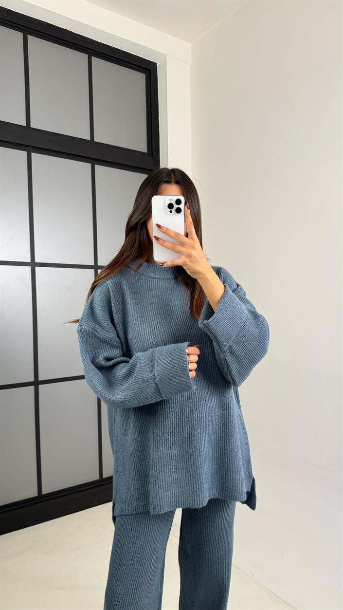 İndigo Mavi Duble Kol Kazak Beli Lastikli Pantolon Triko Takım GAUS-00200