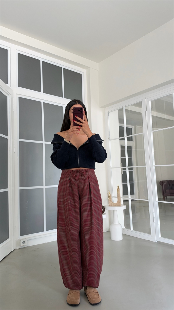 Kırmızı Paçası Ayarlanabilir Kareli Pantolon GAUS-02194